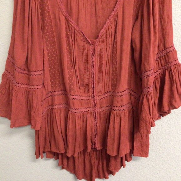 Free People Boho Tunic Top Blouse Size XS Pin Tuck Buttons Burnt Orange - Picture 5 of 10